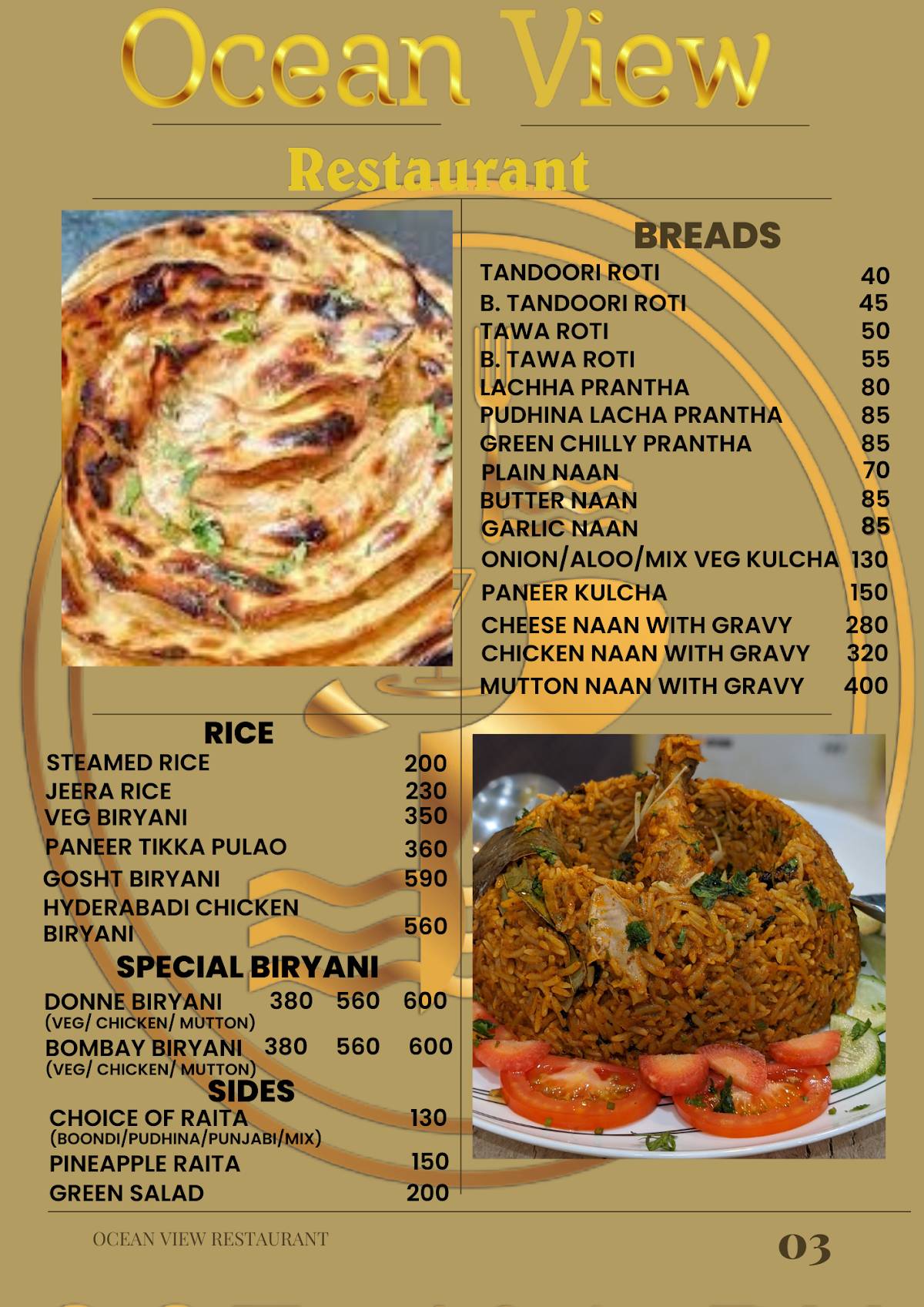 Ocean View Restaurant, Cafe and Party Hall- A Venture of J.P. Hospitality and Services menu