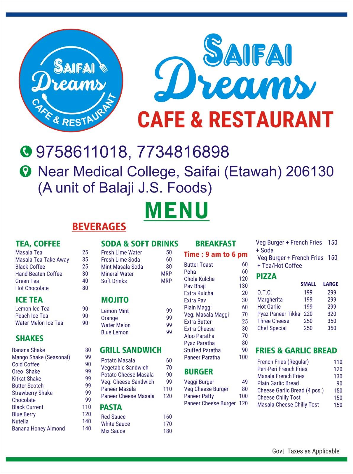 Saifai Dreams - Cafe & Restaurant menu