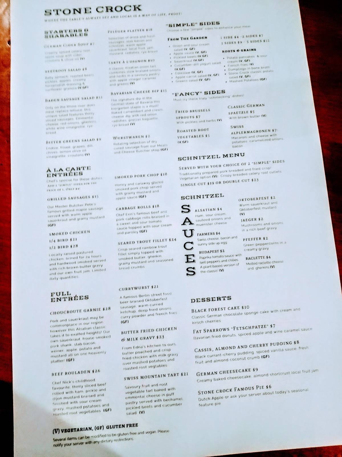 Menu at Stone Crock Restaurant, Saint Jacobs