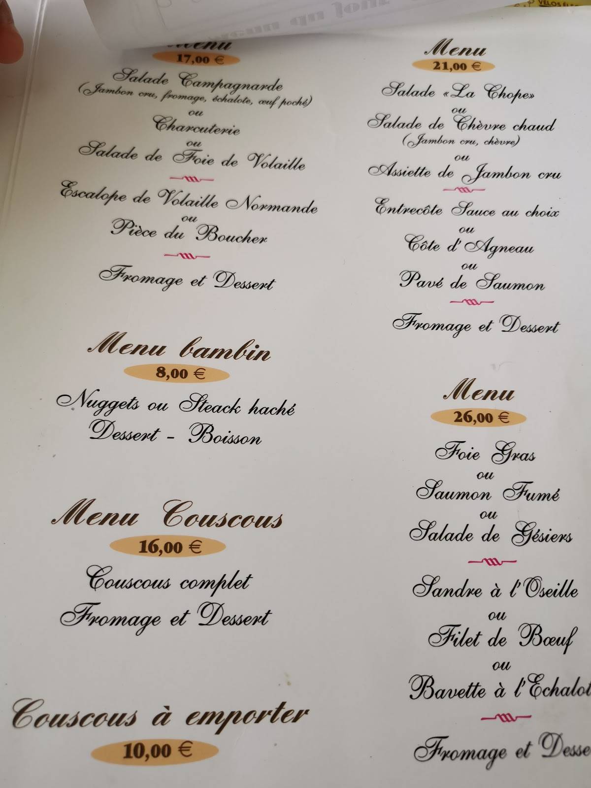 Menu de Sarl la chope