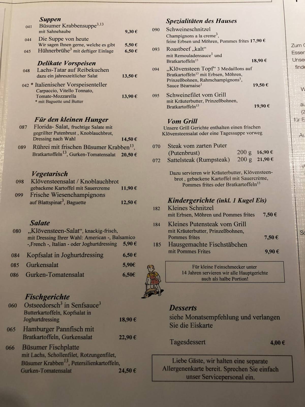 Speisekarte von Restaurant Reitstall Klövensteen, Schenefeld