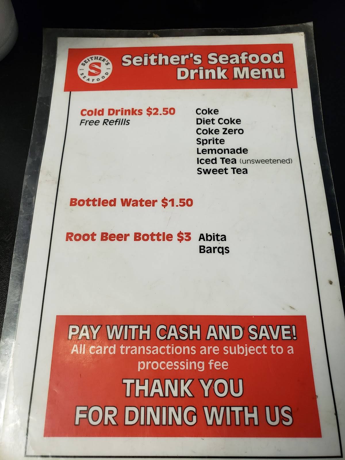 Menu at Seithers Seafood restaurant, Harahan