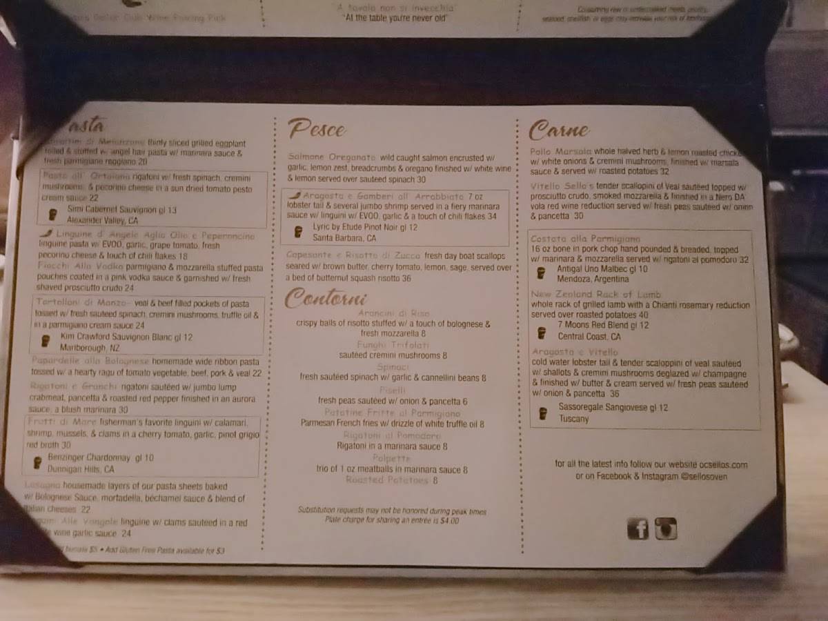 Menu at Sello's Italian Oven & Bar, Ocean City