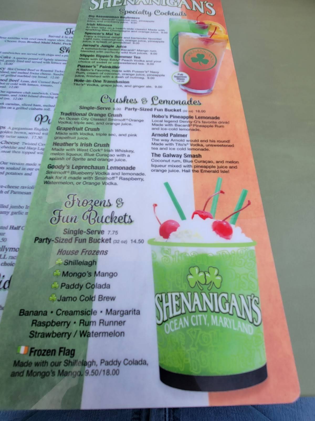 Menu at Shenanigan's Irish Pub, Ocean City