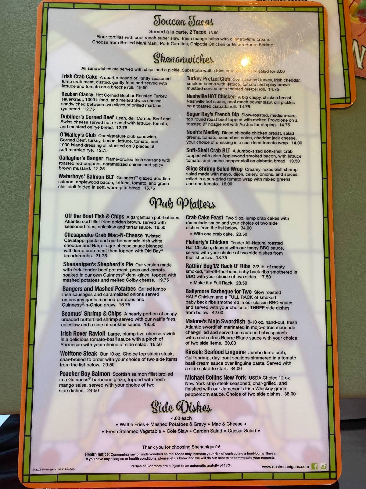 Menu at Shenanigan's Irish Pub, Ocean City