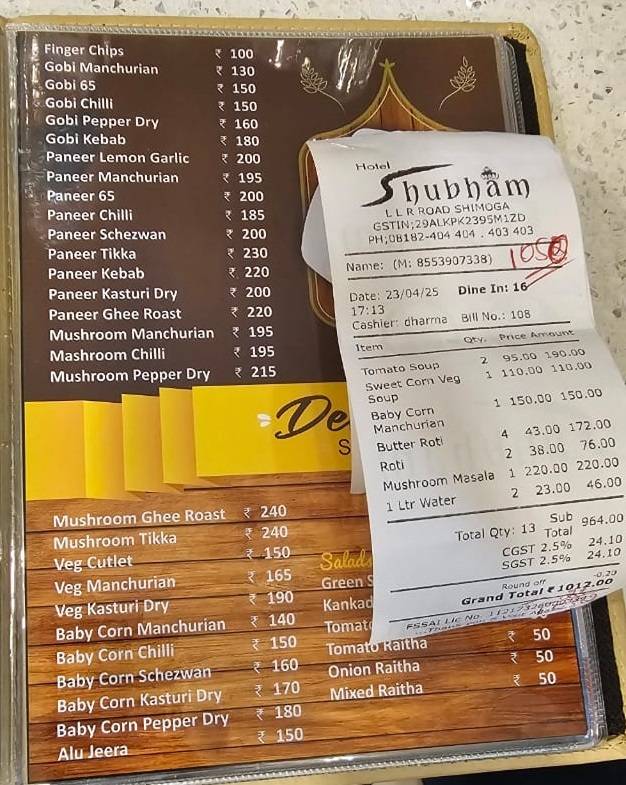 HOTEL SHUBHAM menu