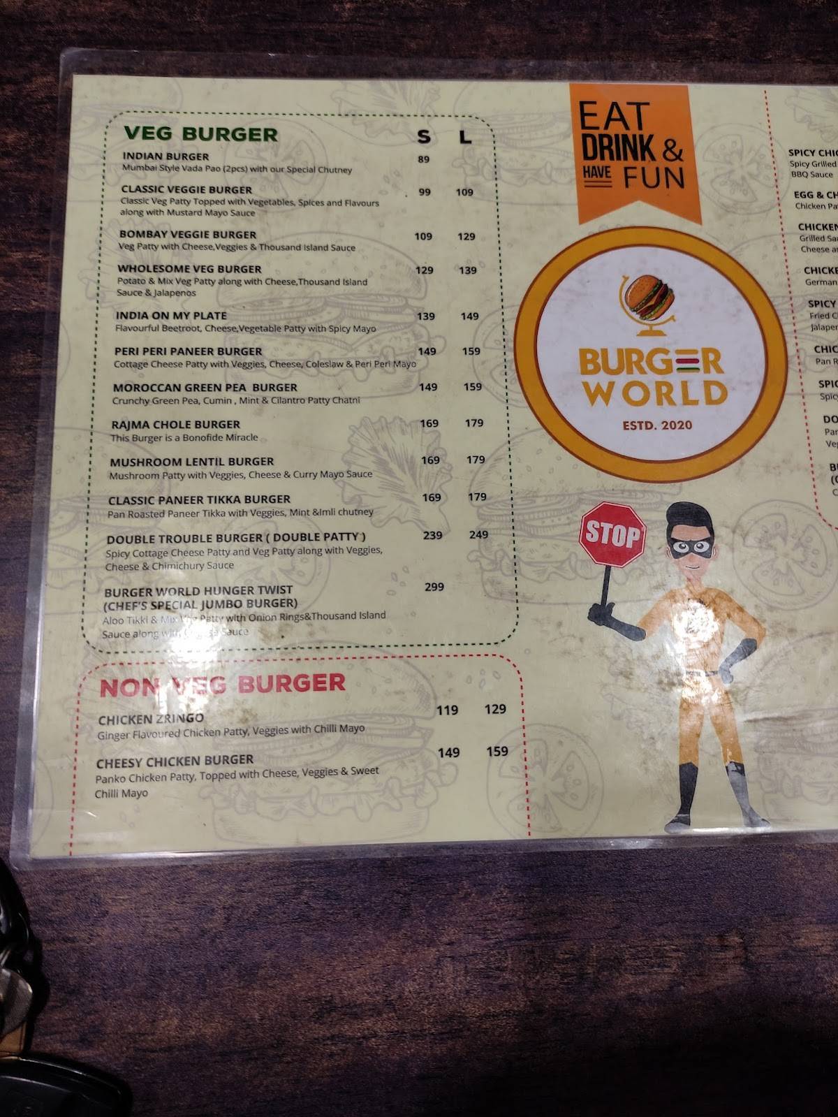 Burger World menu