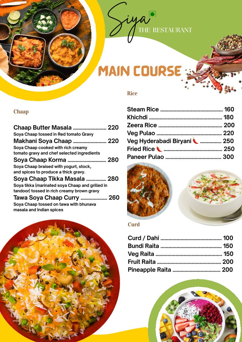 Siya The Restaurant menu