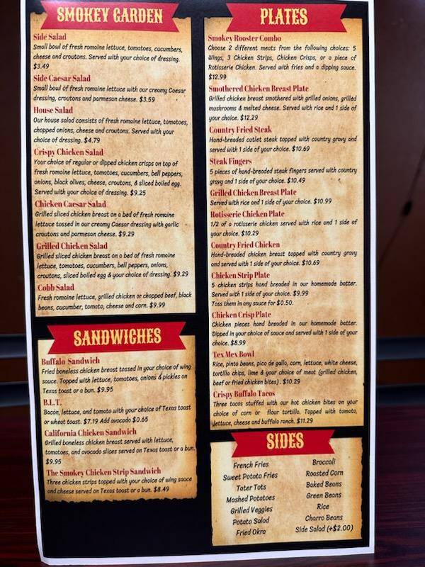 Menu at Smokey Rooster bar and grill, Corpus Christi