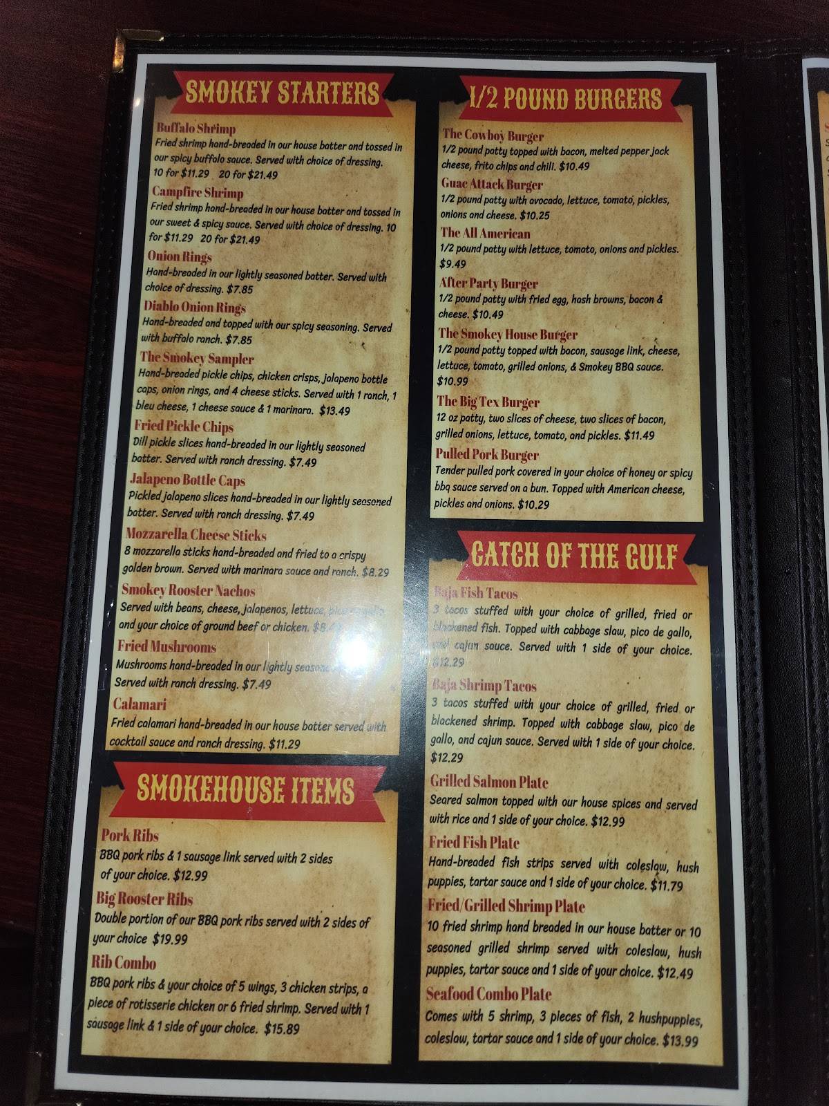 Menu at Smokey Rooster bar and grill, Corpus Christi