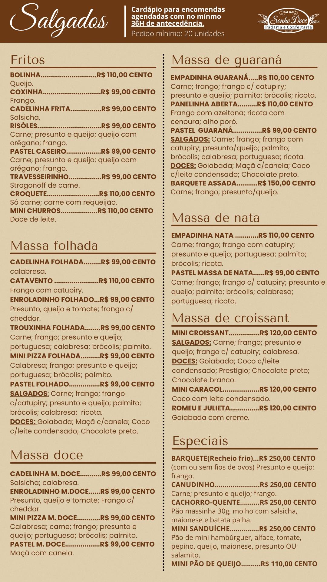 Sonho Doce Padaria e Confeitaria cardápio