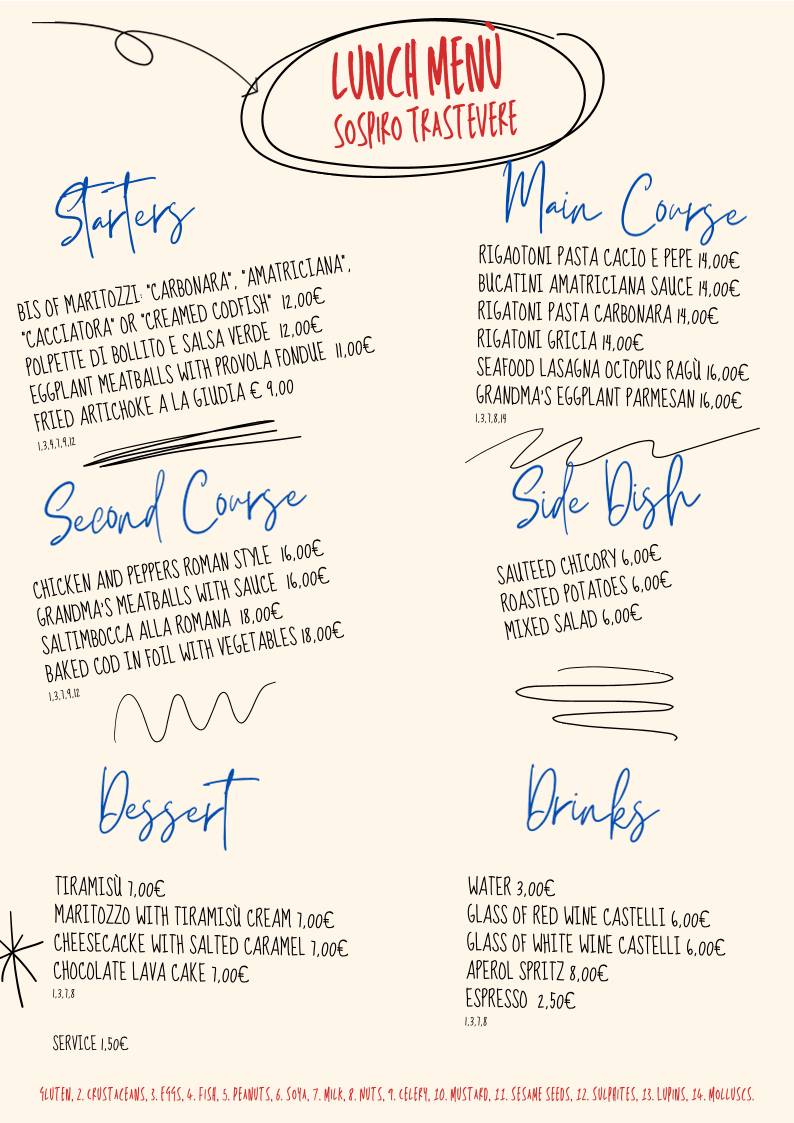 Menu di Sospiro Trastevere - Ristorante & Terrace Bar 