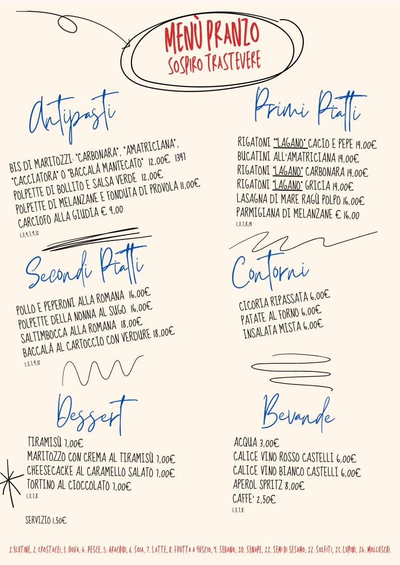 Menu di Sospiro Trastevere - Ristorante & Terrace Bar 
