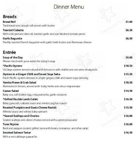 Southern Cross Yacht Club menu