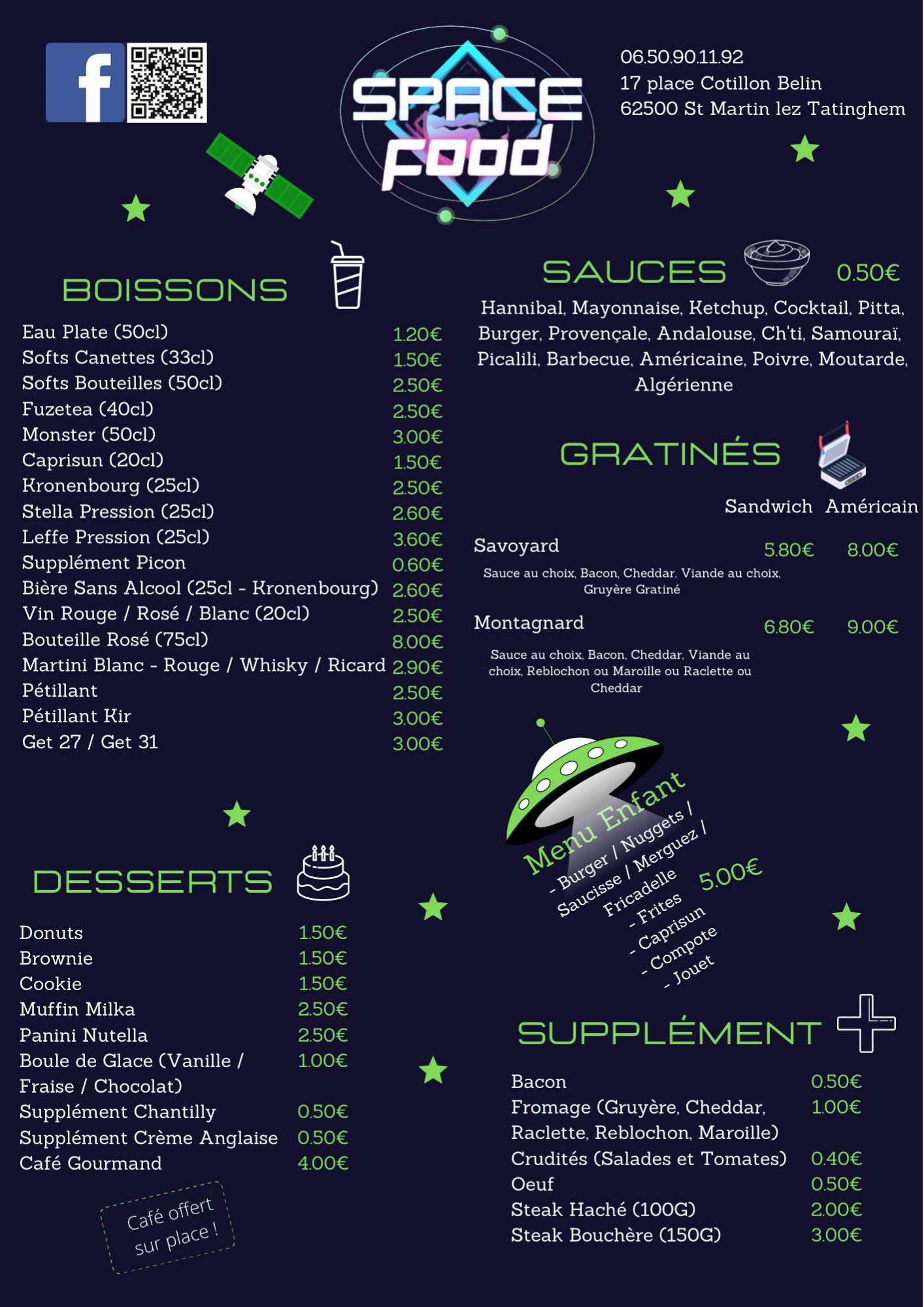 Menu au Space Food restaurant, Saint-Martin-au-Laërt