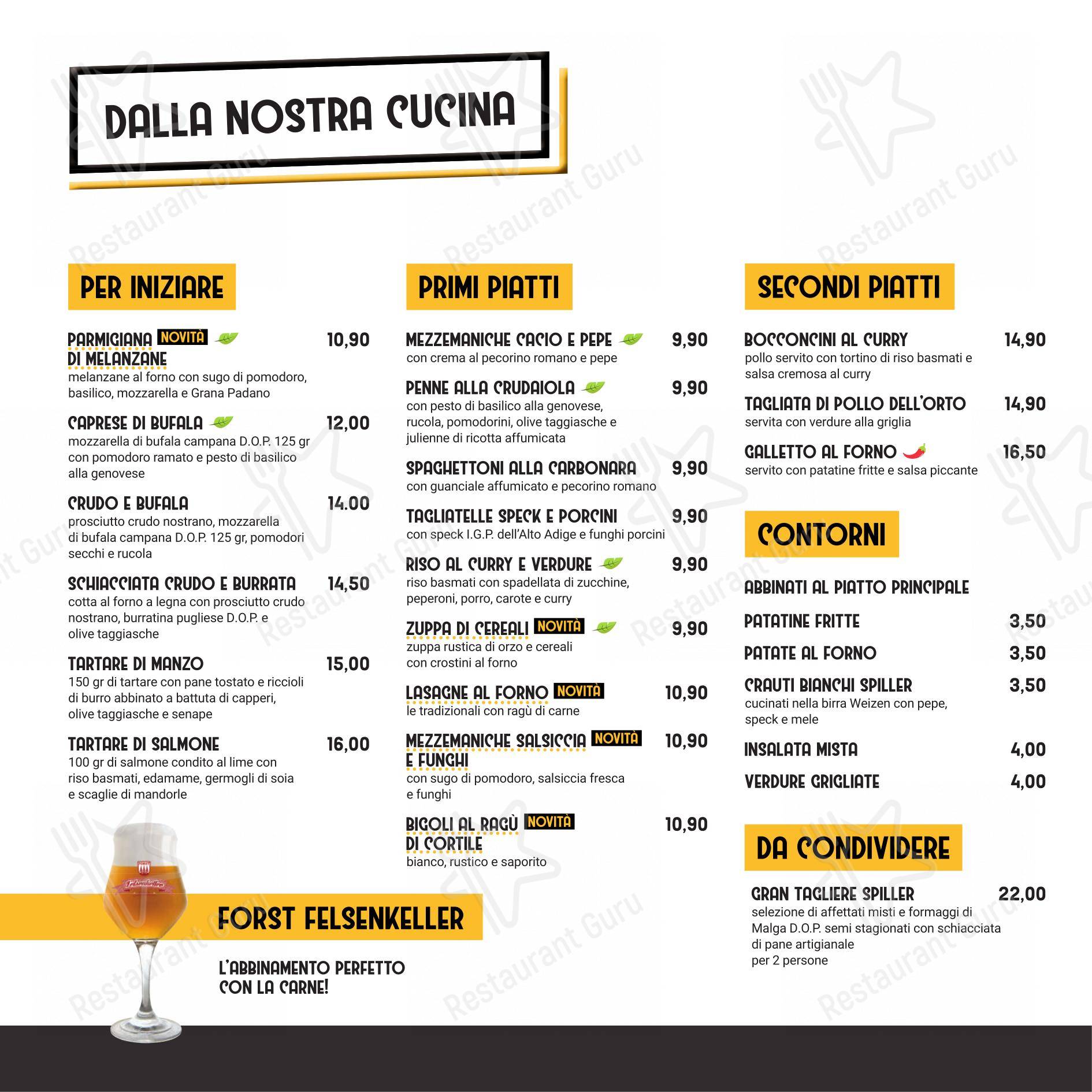 Menu bar per Spiller Verona pizzeria