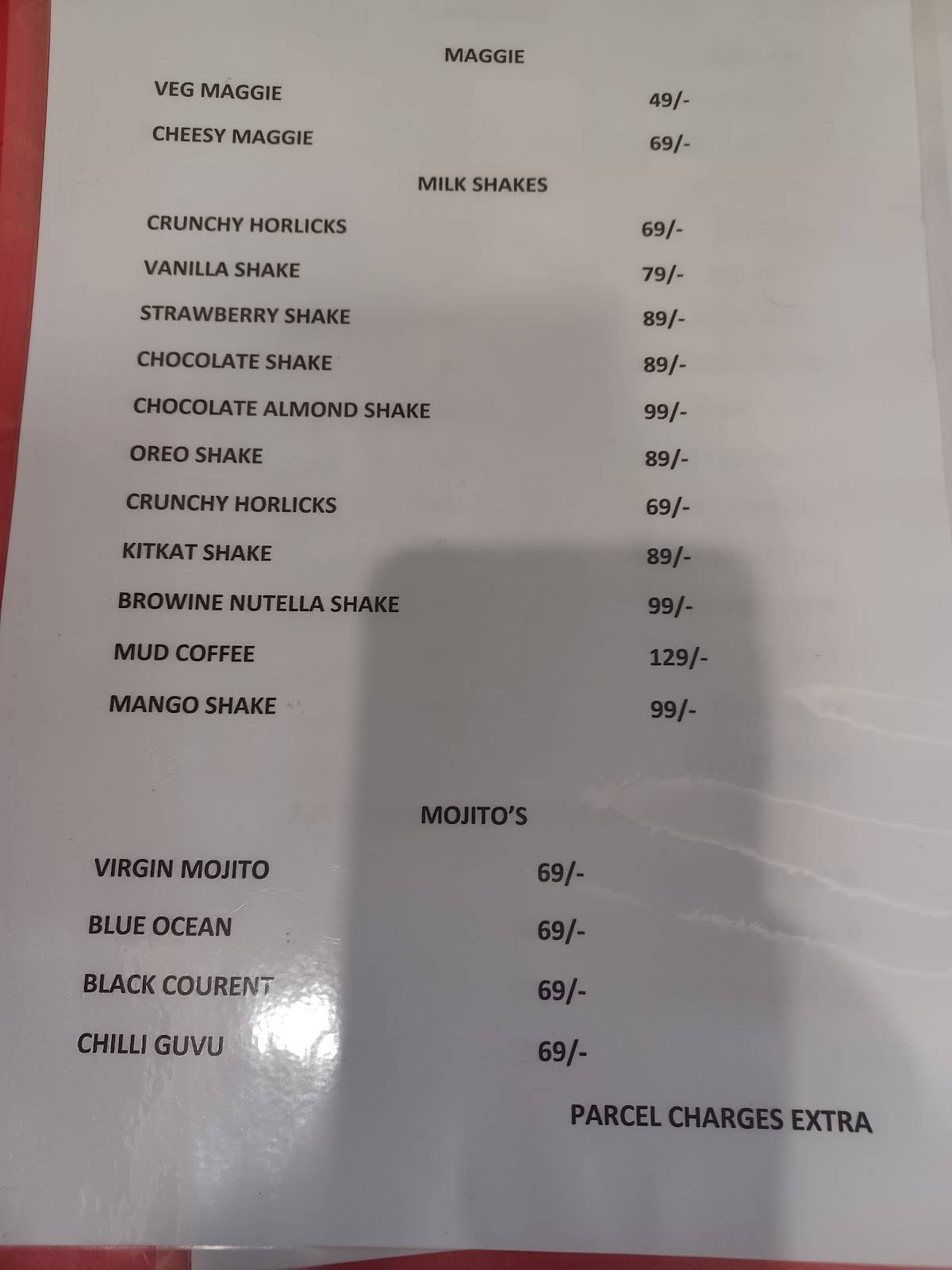 Menu at Splash cafe, Bengaluru, 2GX3+F84