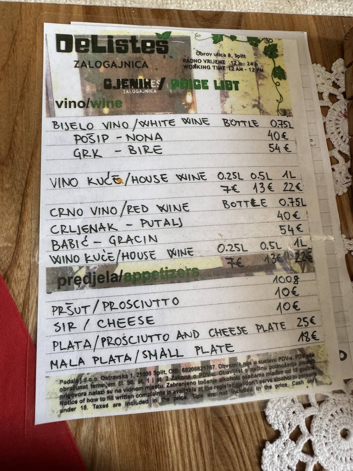 Menu di DeListes restaurant Split 