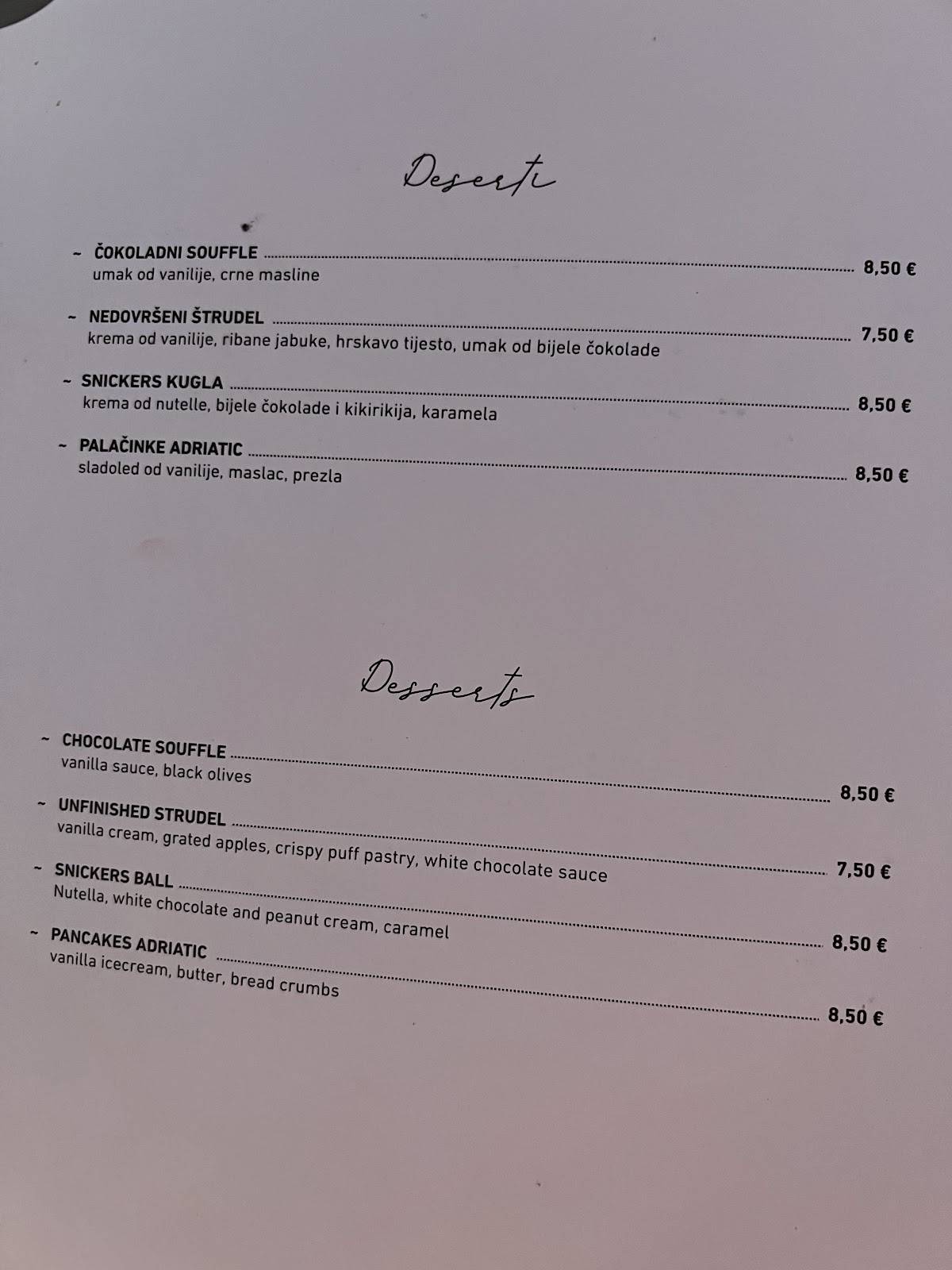 Menu di Restaurant Adriatic 