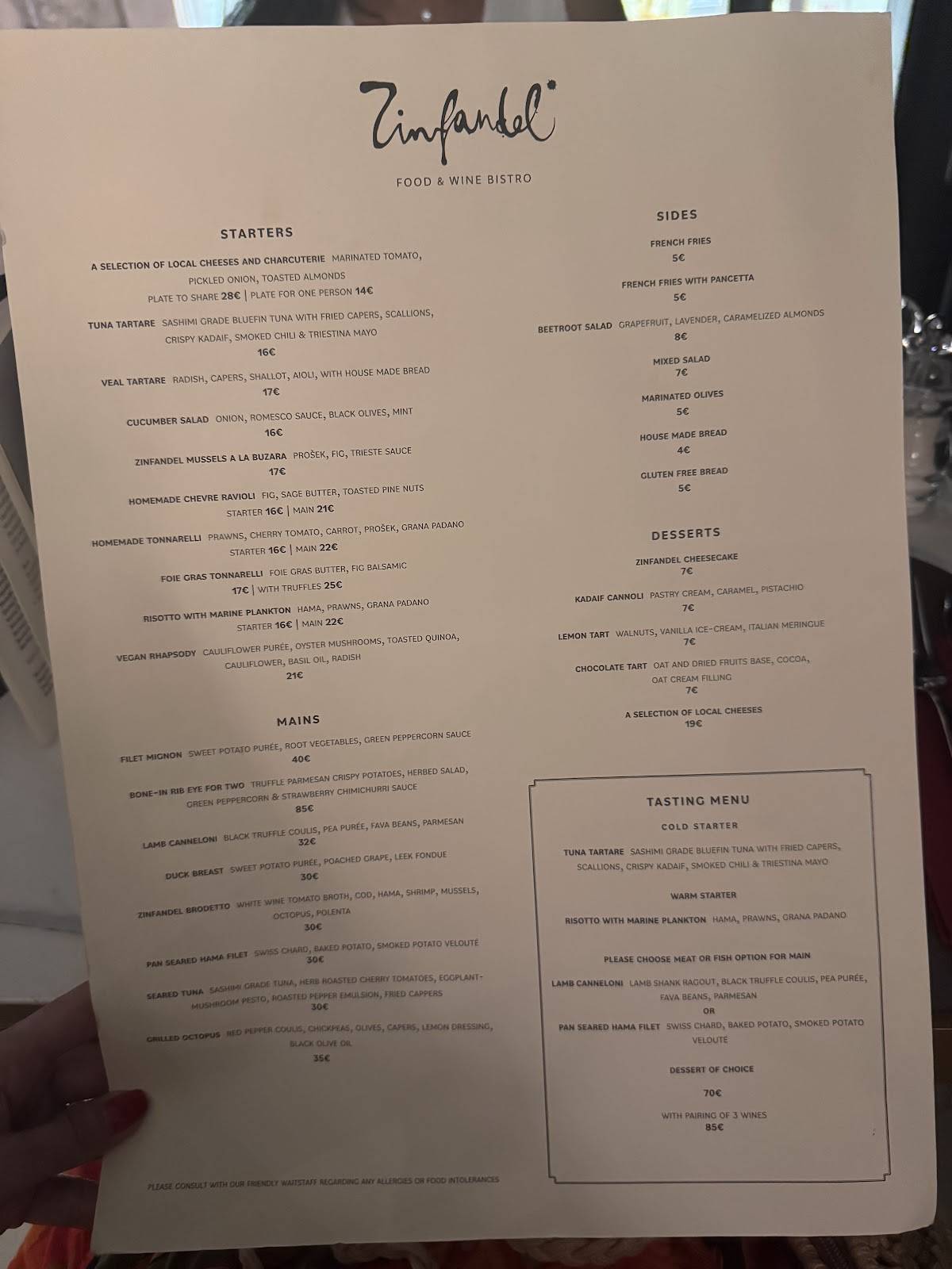 Menu di Zinfandel Food & Wine Bistro 