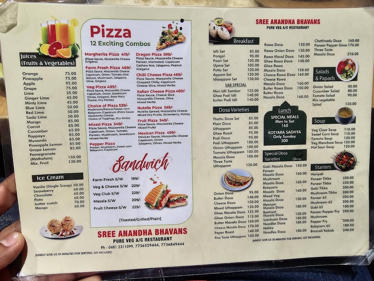 Sree Anandha Bhavans menu