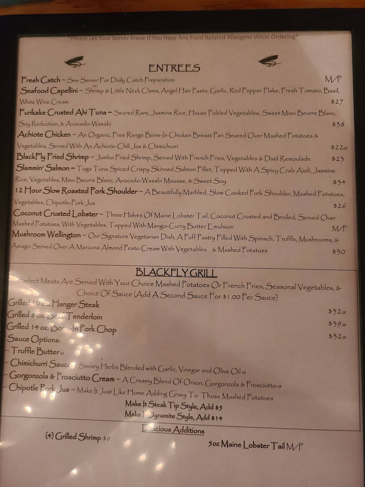 Menu at Blackfly The Restaurant, St. Augustine