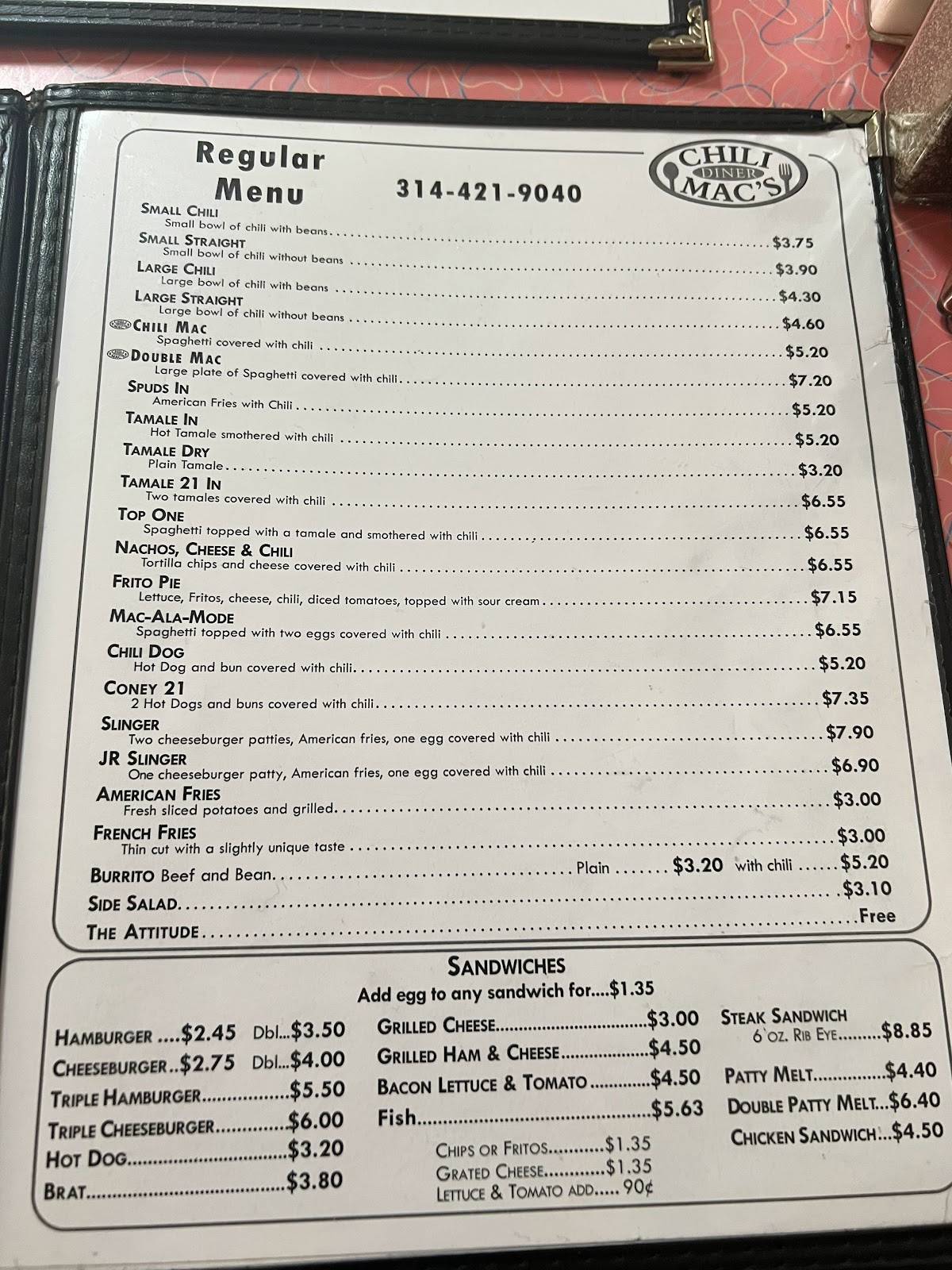 Menu at Chili Mac's Diner restaurant, St. Louis, 510 Pine St