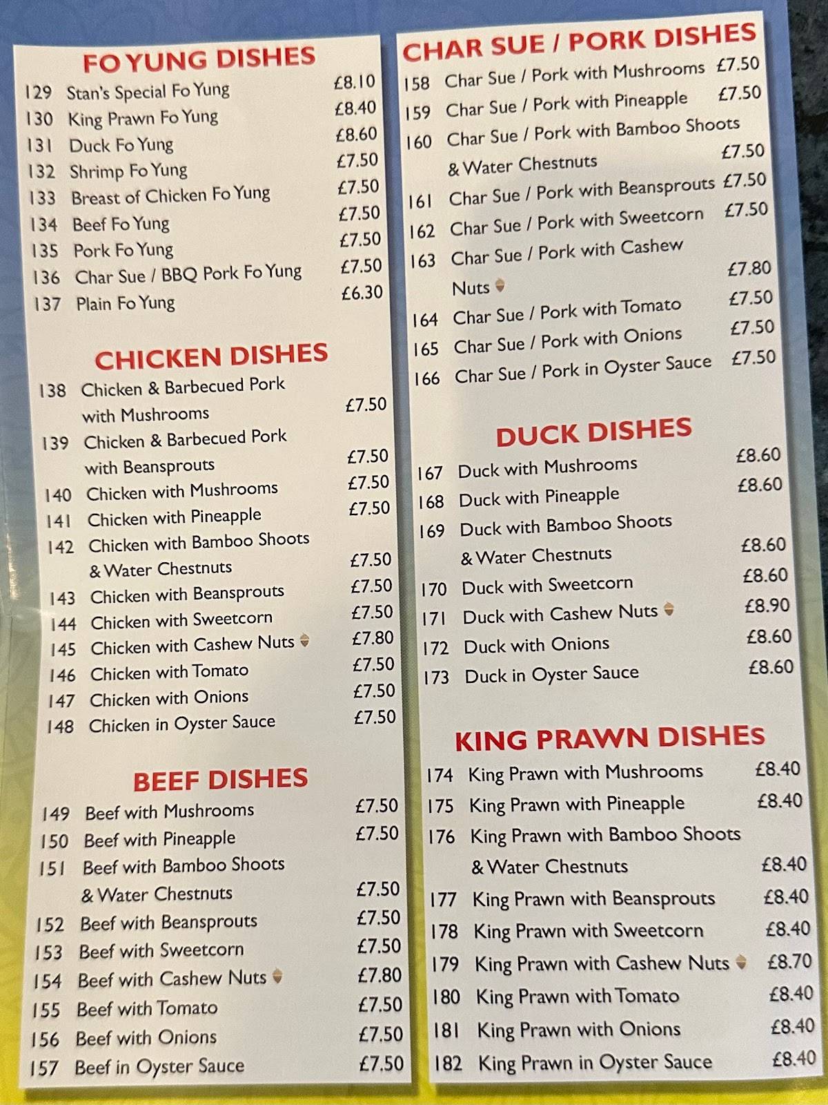 Menu at Stan's Chinese Takeaway fast food, Glasgow, 1349 Springburn Rd