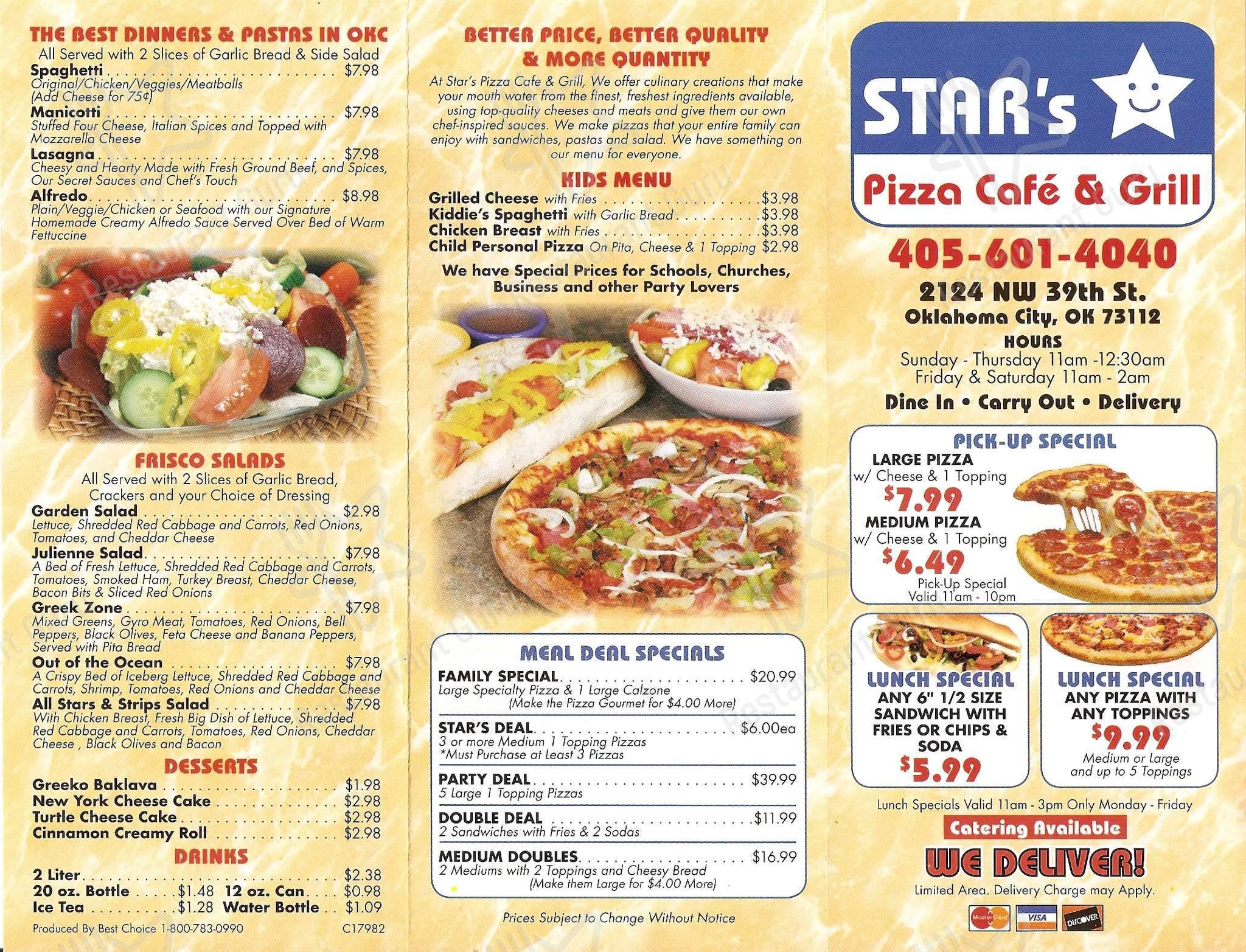 Stars Pizza Cafe & Grill menu