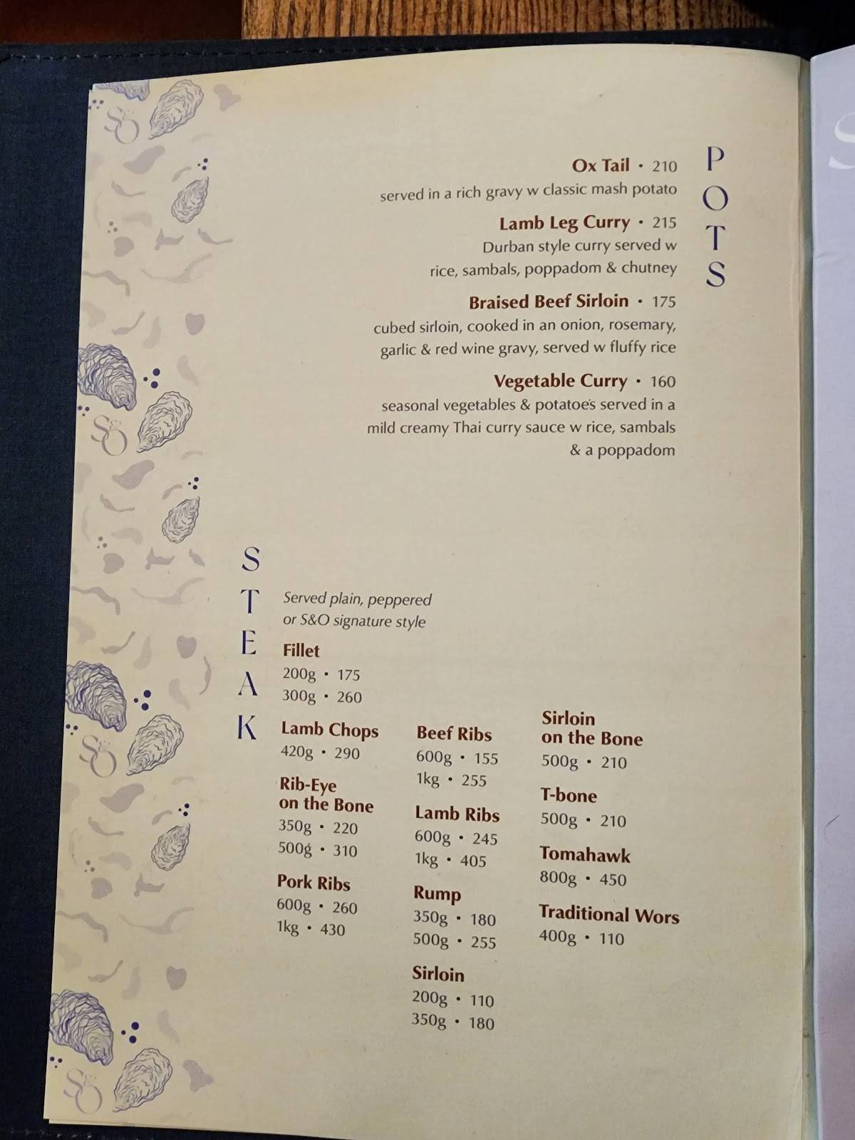 Menu at Steak and oyster restaurant, Umhlanga, 12