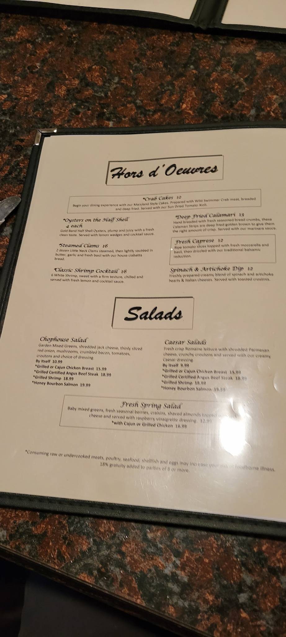 Menu at Kingman Chophouse steakhouse, Kingman