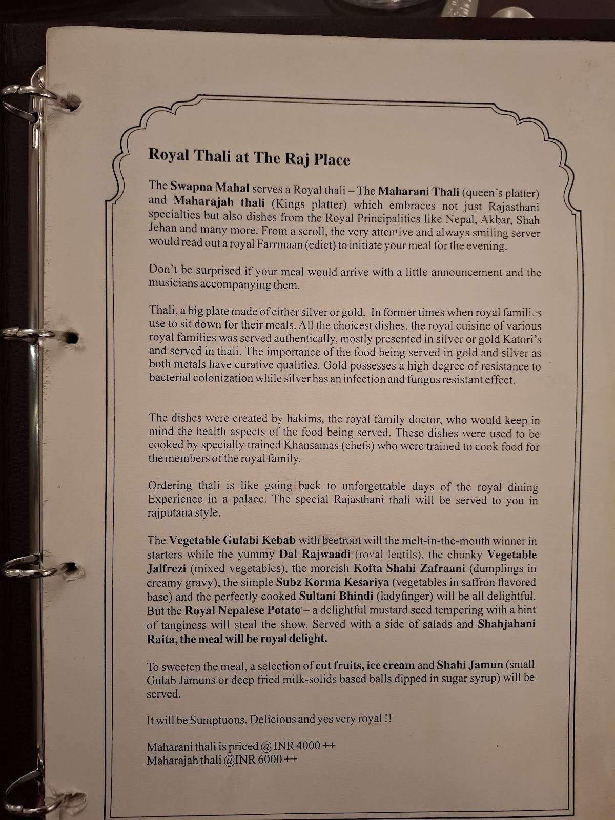 Swapna Mahal Restaurant menu