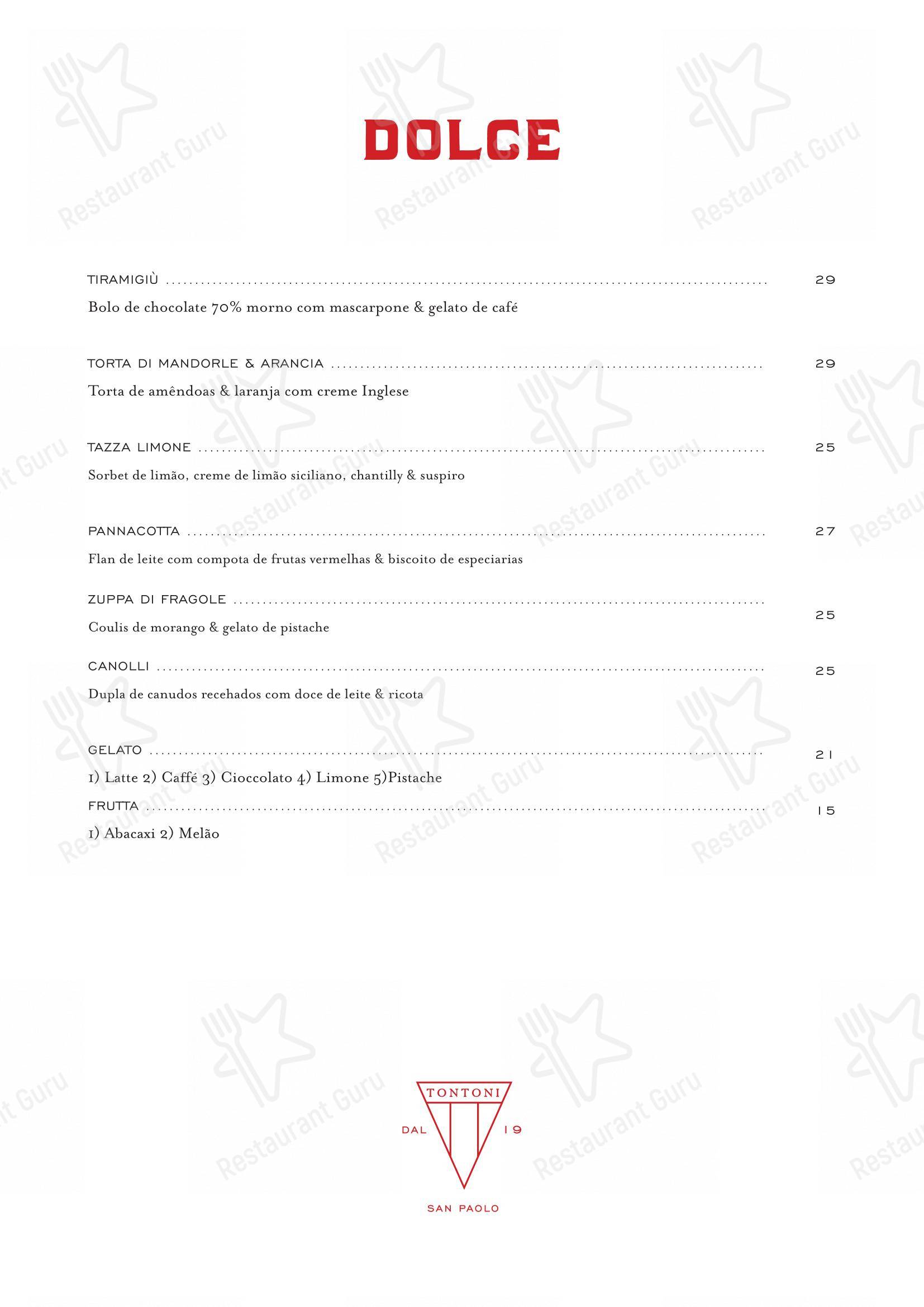 Menu para TONTONI TRATTORIA em São Paulo