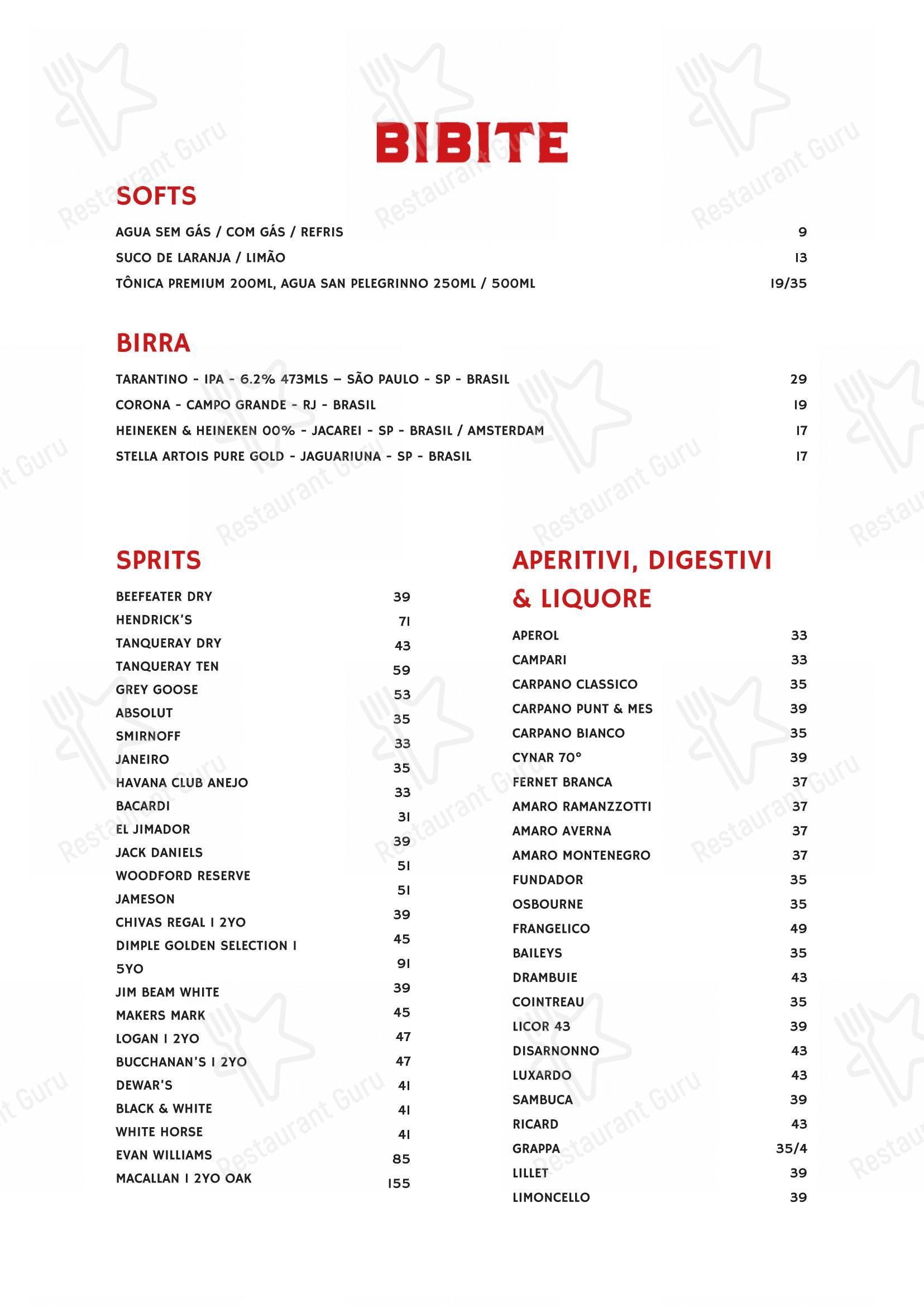 Menu bar para TONTONI TRATTORIA em São Paulo