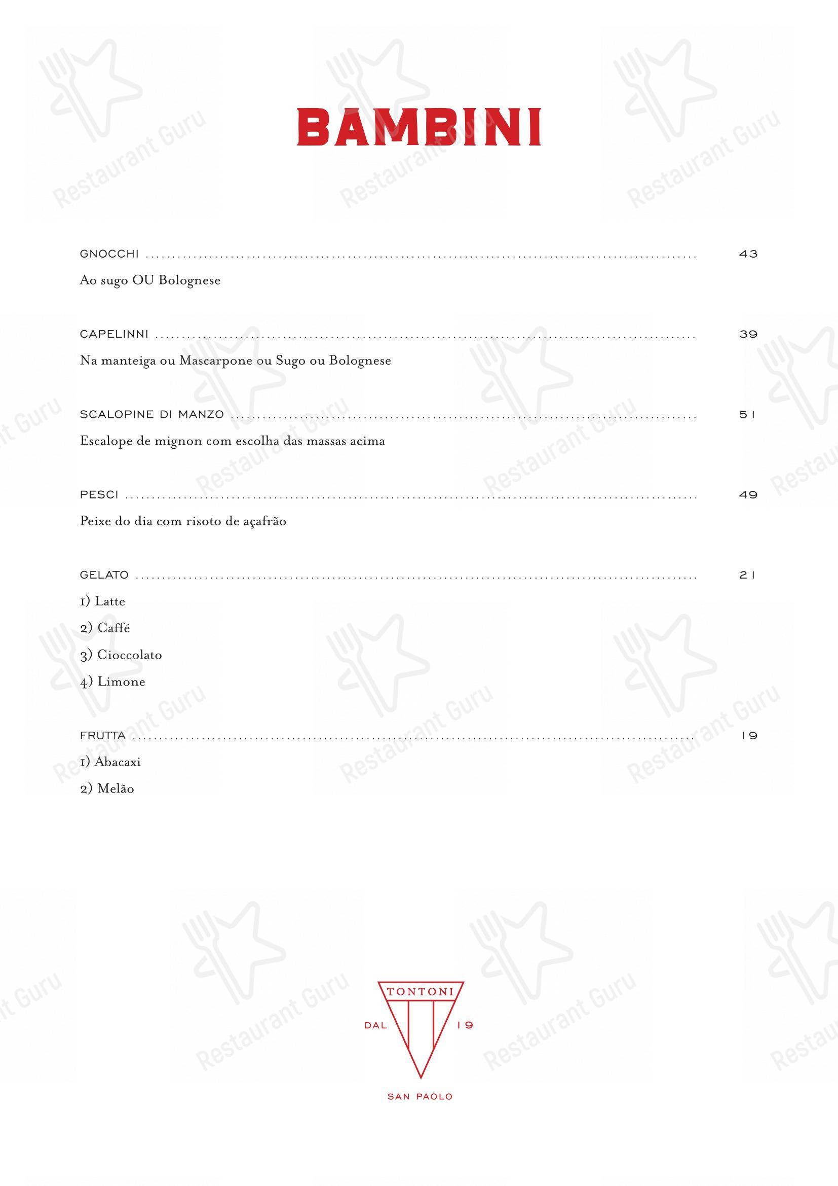 TONTONI TRATTORIA em São Paulo - Menu