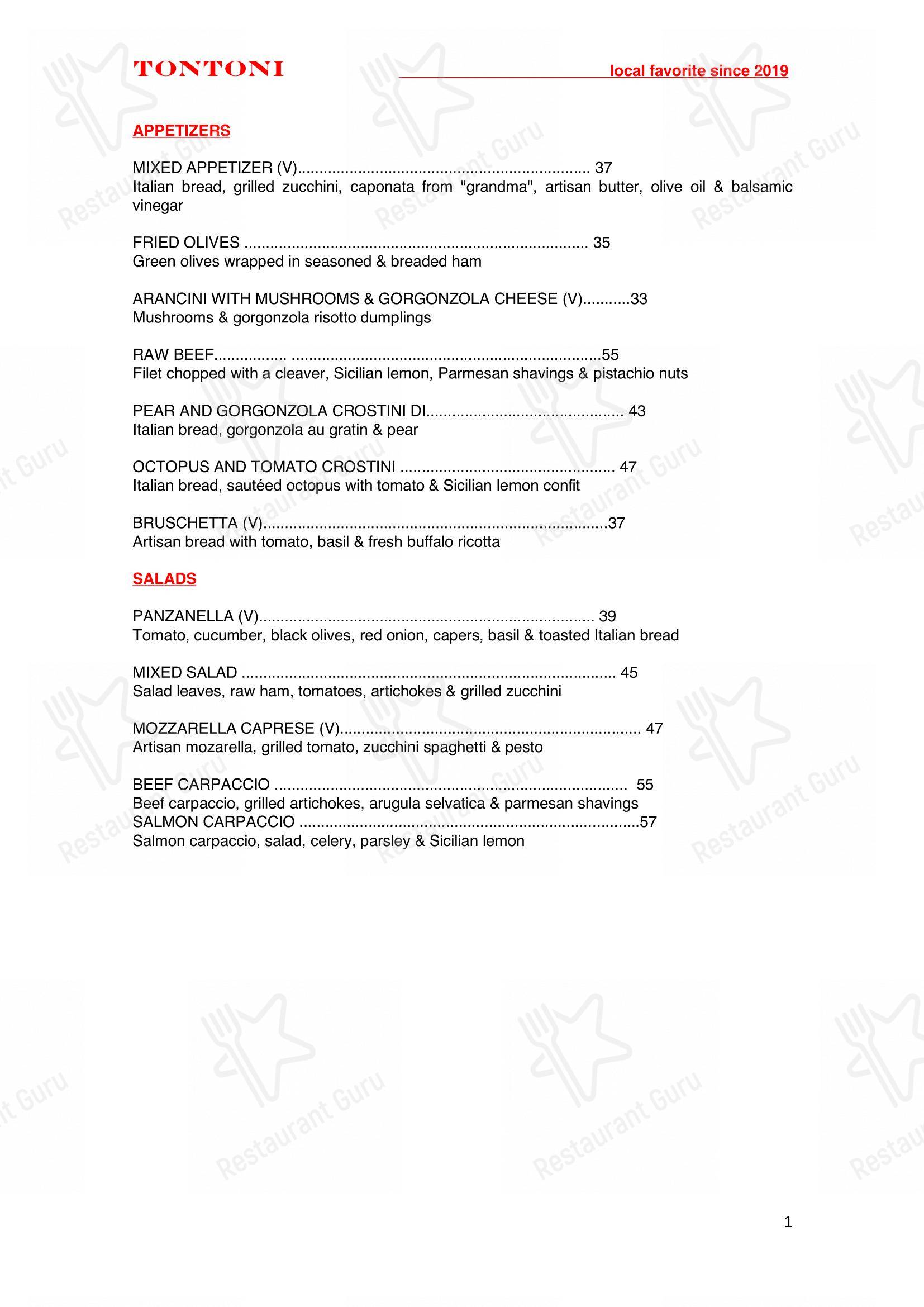 菜单 para TONTONI TRATTORIA restaurante