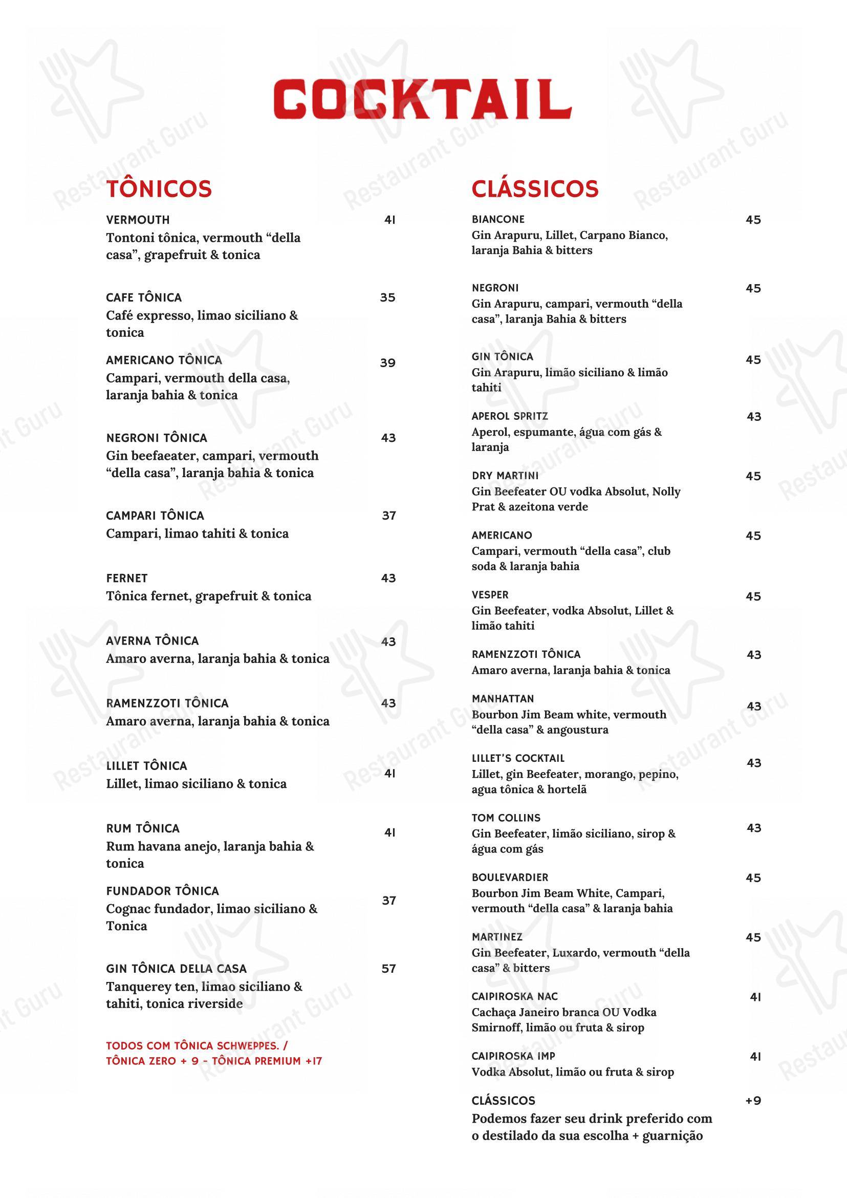 Menu bar para TONTONI TRATTORIA em São Paulo