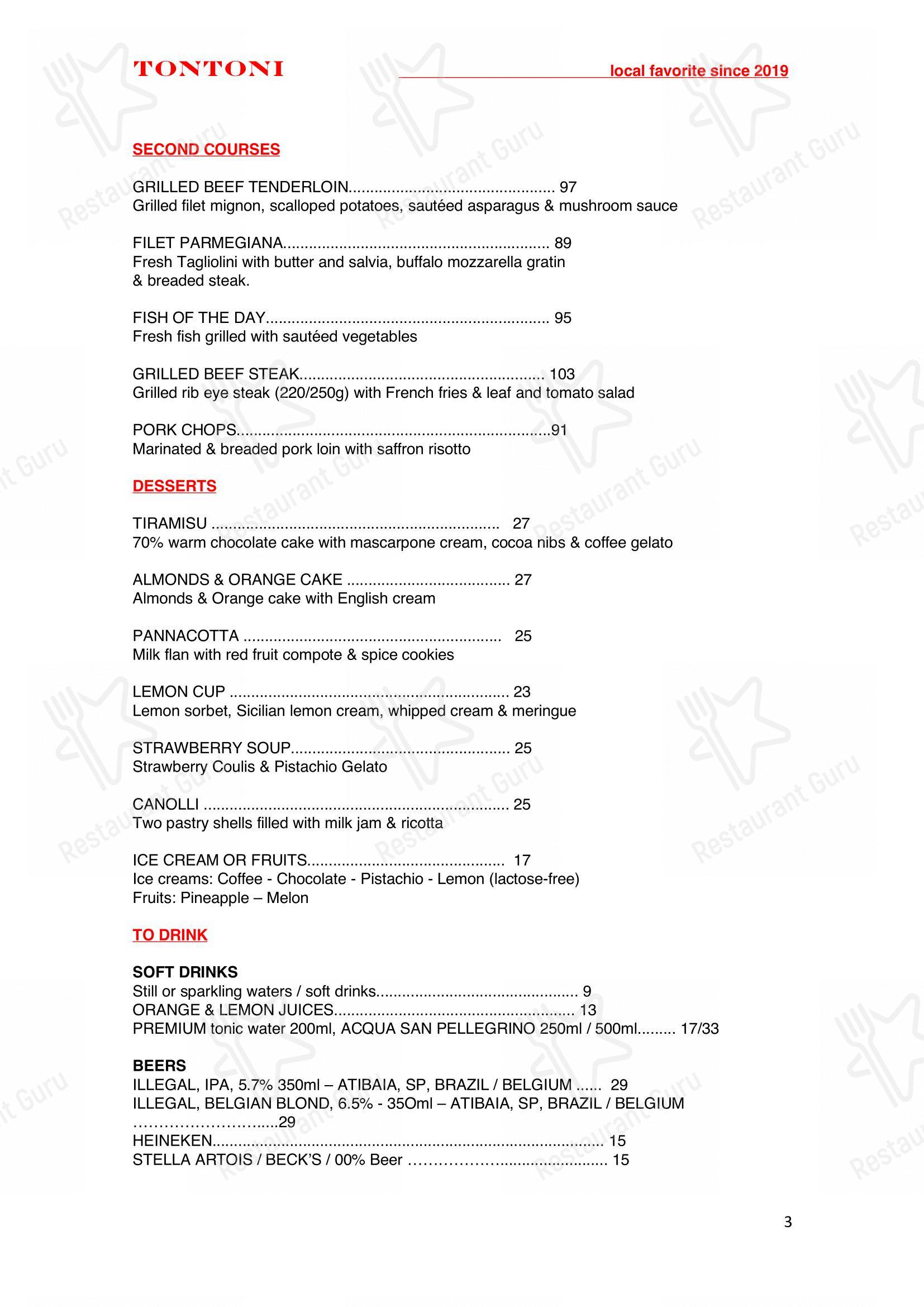 菜单 para TONTONI TRATTORIA restaurante