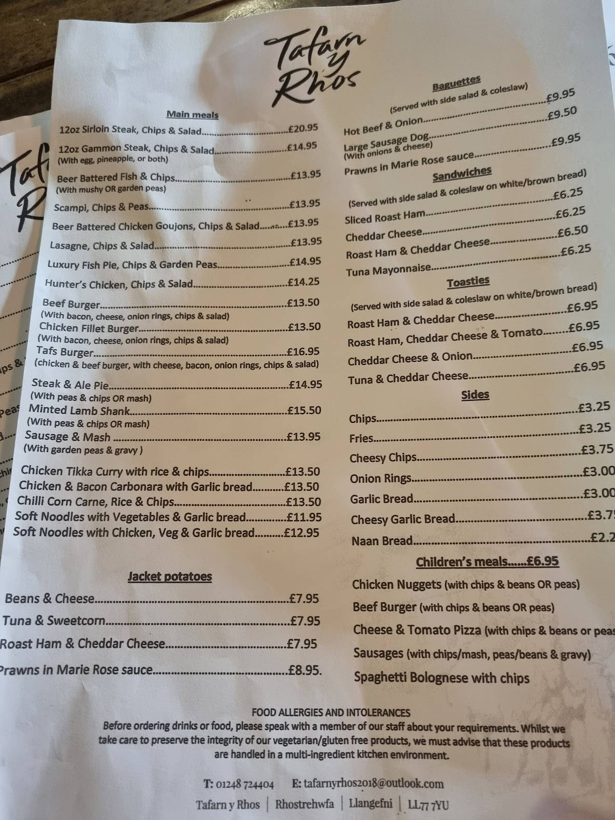 Menu at Tafarn Y Rhos pub & bar, Llangefni