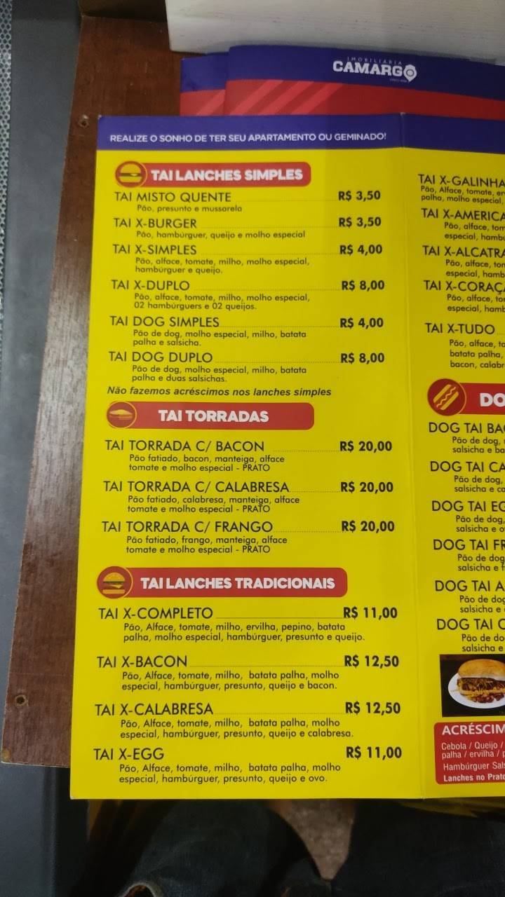 Tai Lanches cardápio