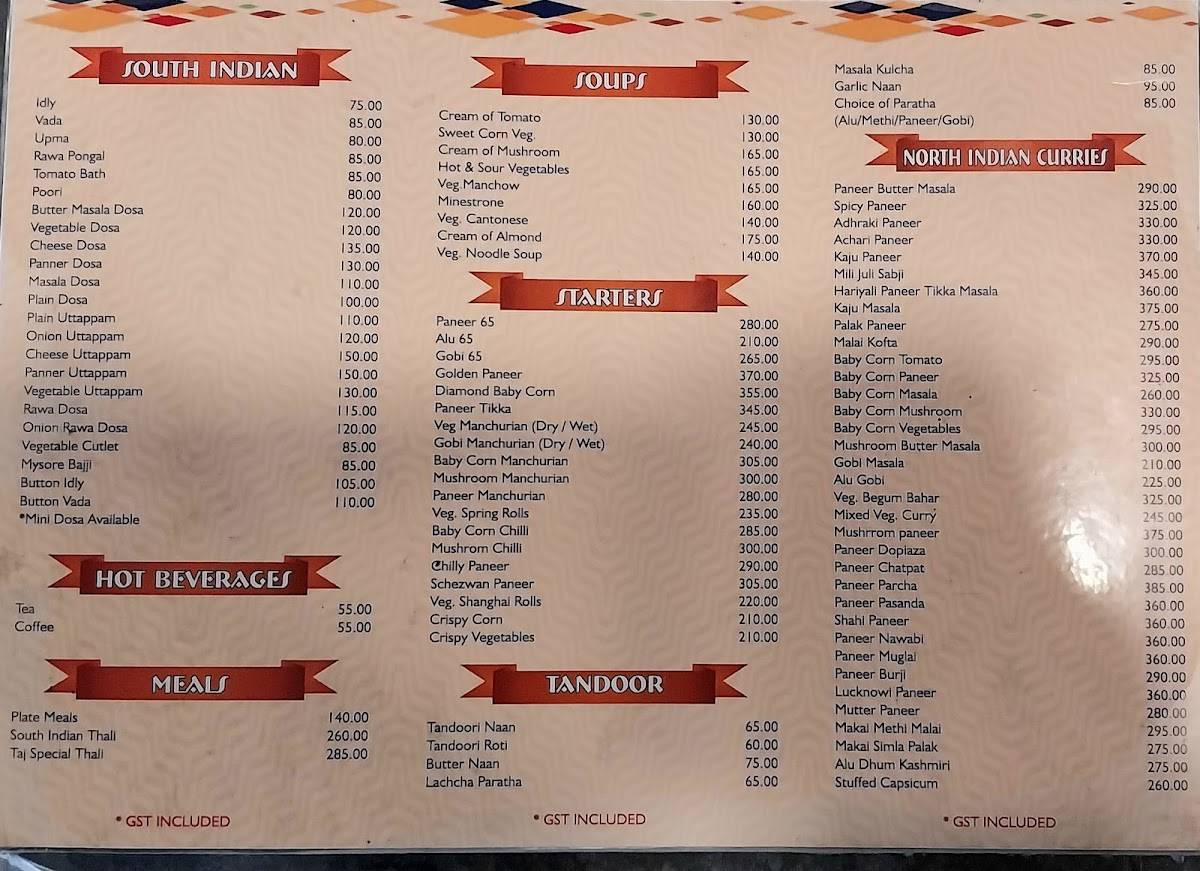 Taj Mahal Hotel menu