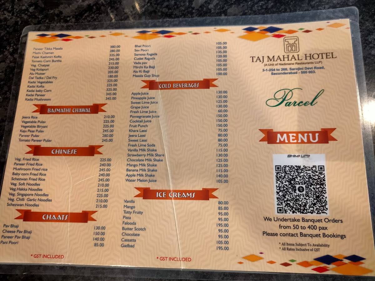 Taj Mahal Hotel menu