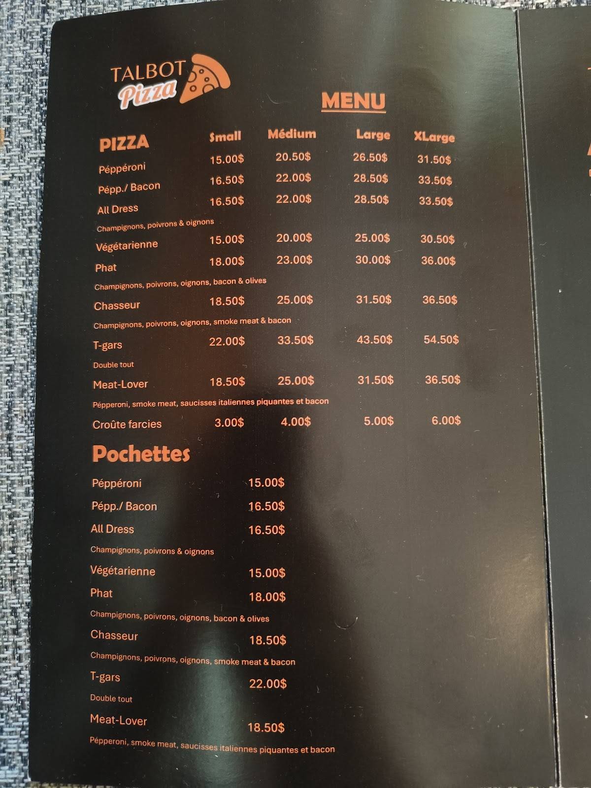 Menu de Talbot Pizza