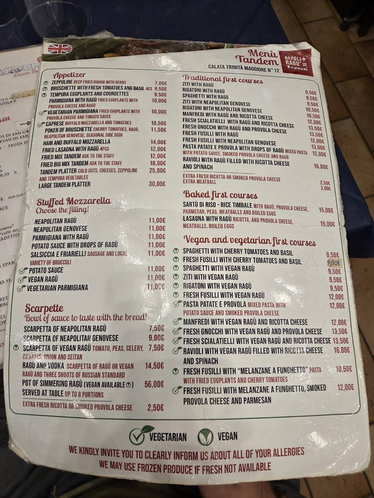 Menu di Tandem Ragù - Via Paladino 