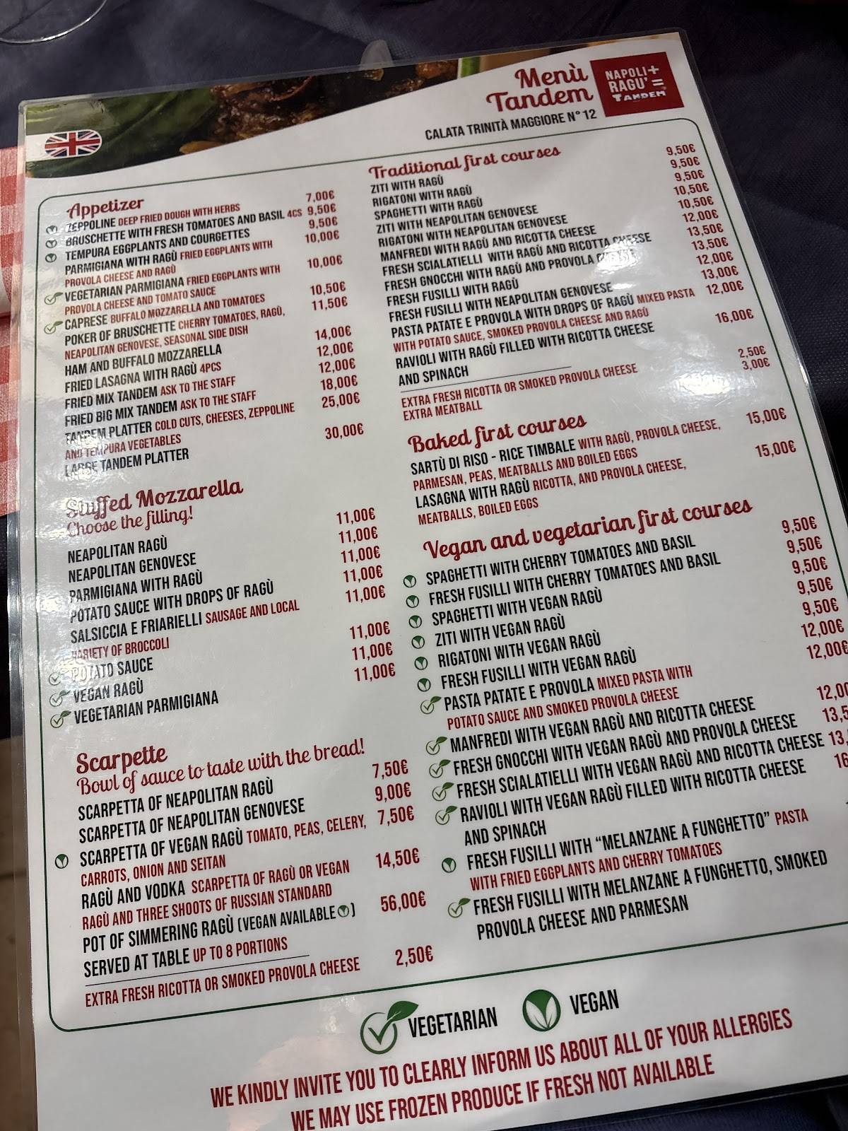 Menu di Tandem Ragù - Via Paladino 