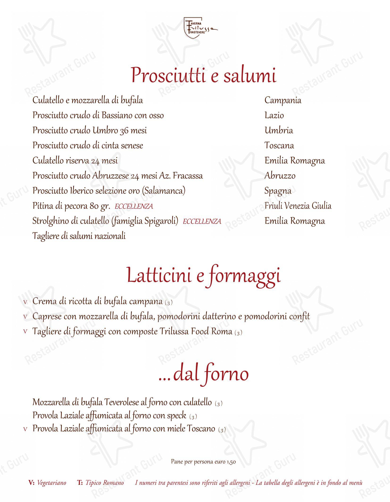 Menu pour Taverna Trilussa - Menu bar