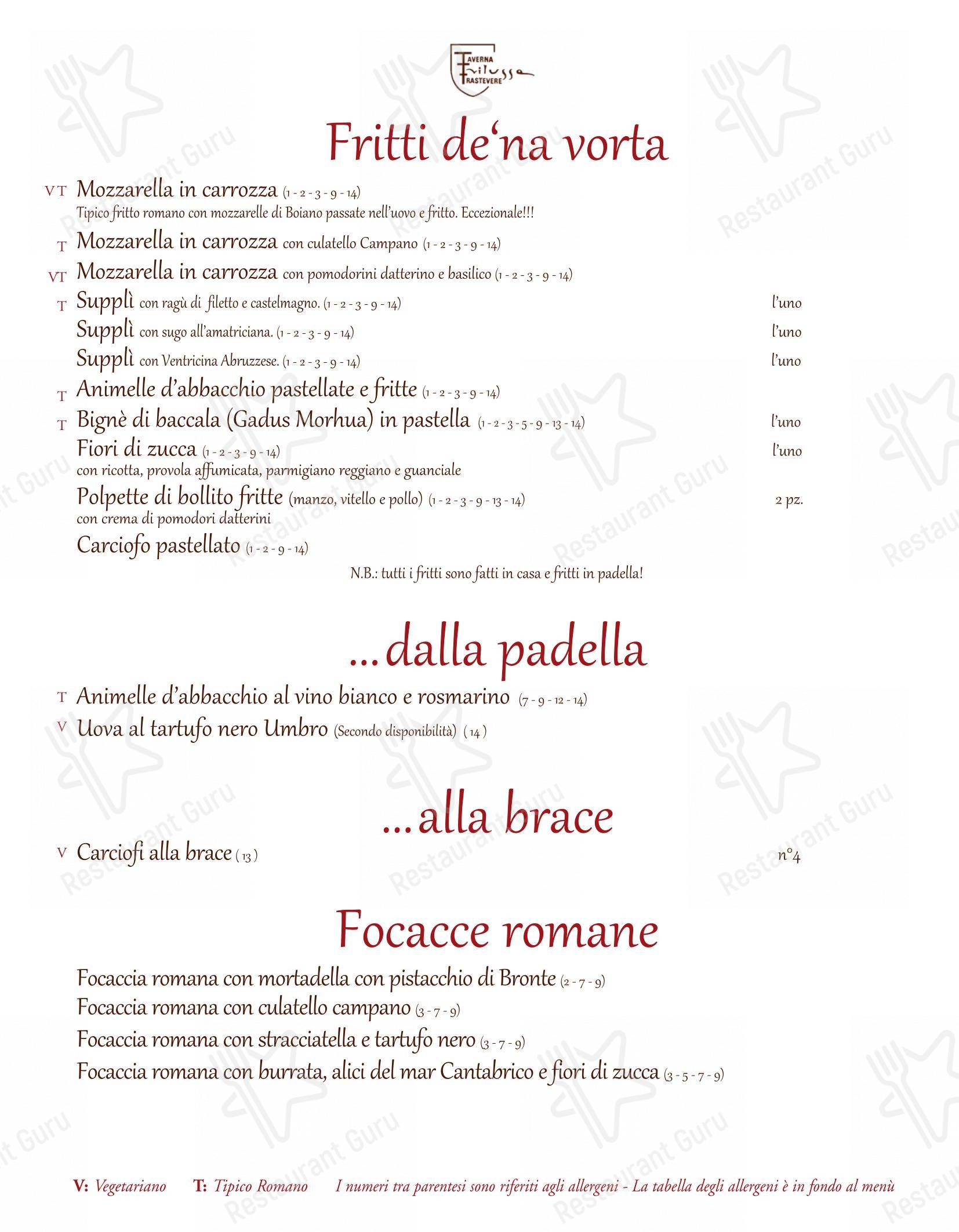 Menu bar pour Taverna Trilussa pub et bar
