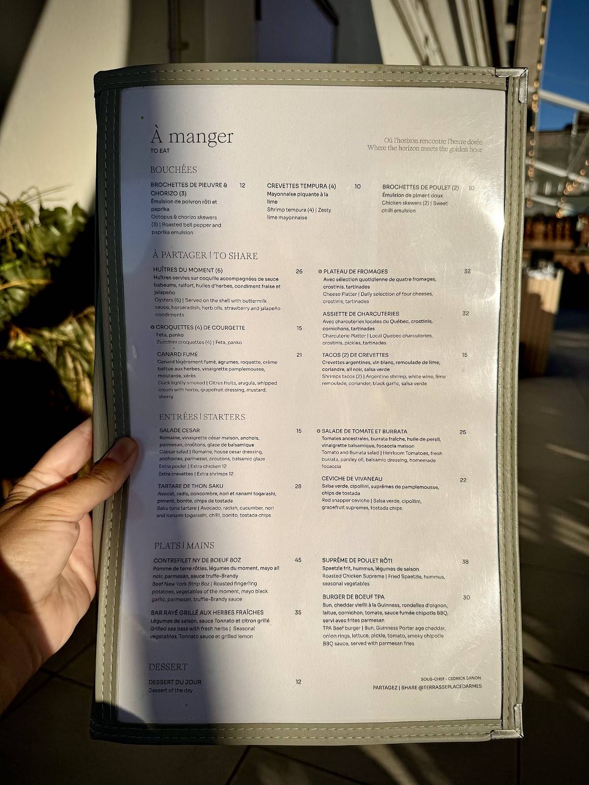 Menu de Terrasse Place D'Armes