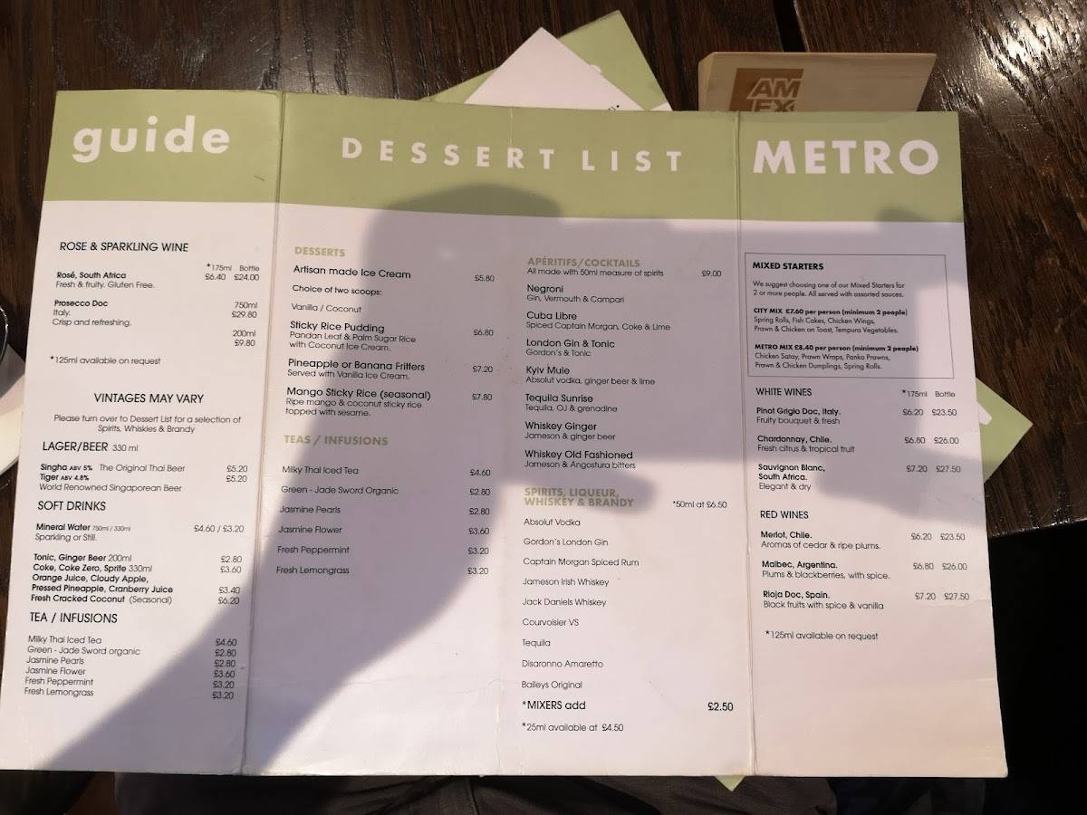 Menu at Thai Metro restaurant, London