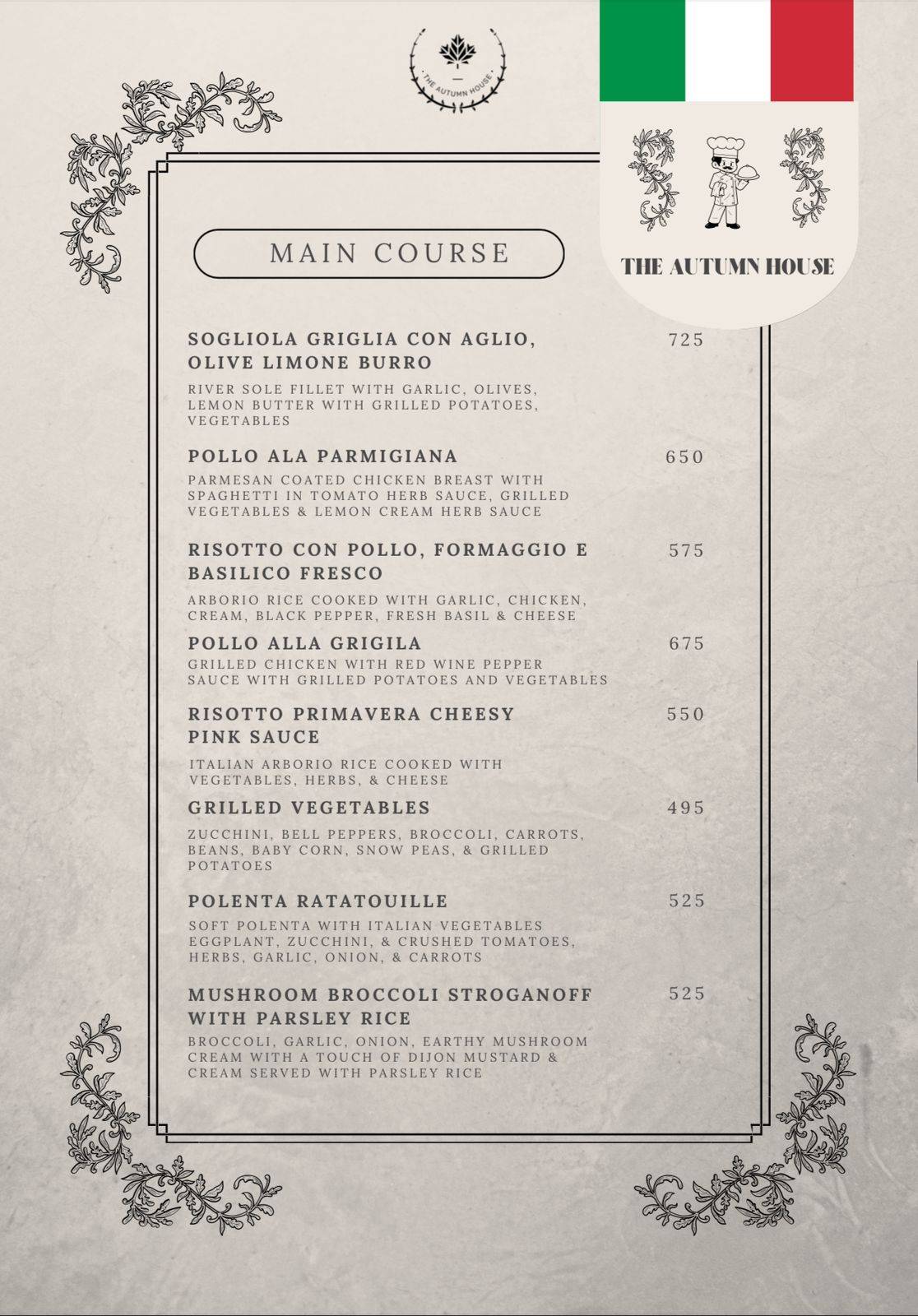 The Autumn House menu